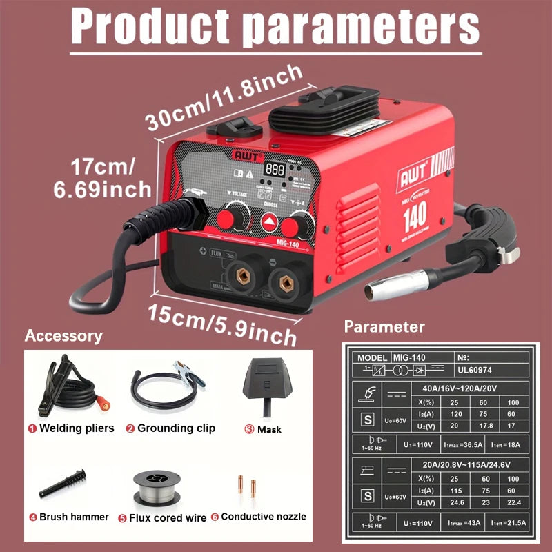 Mini Welder 140A Flux Core MIG/Stick Welder 2 IN 1 IGBT Inverter Welding Machine Portable Handheld House Use Welding Equipment