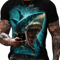 Men's 3D Shark Print T-Shirt - Black Gradient Design with Blood Splatter, Loose Fit, Breathable Fabric, Fun Cartoon Pattern