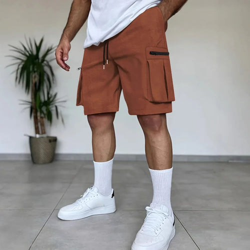2025  Summer New Fashion Men's Solid Color Loose Drawstring Multi Pocket Shorts Casual Trendy Thin Cargo Shorts Male Clothes