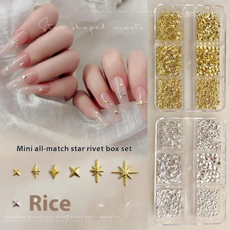 6 Girds 3D Metal Stars Nail Rivet Studs Decoration Starlight Sparkle Jewelry Nail Arts Tools Alloy Manicure Accessories