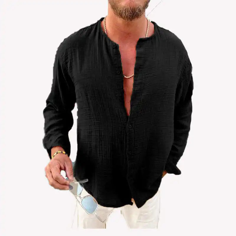 Wrinkled Loose Fit Long Swedi irt with Stand Collar Ice Sensation Cotton Youth Faion oulder Padded Autumn Wear for Men