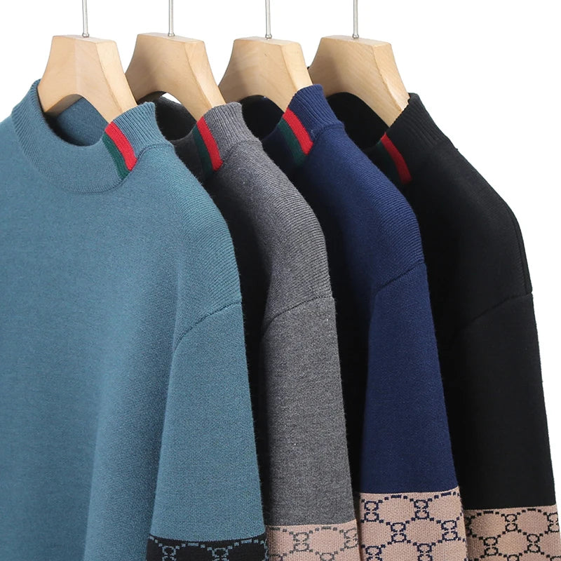 High End Design Men's Pullover O-Neck Velvet Thickened Sweater Winter New Color Blocked Striped Warm Knitted Business Men's wear