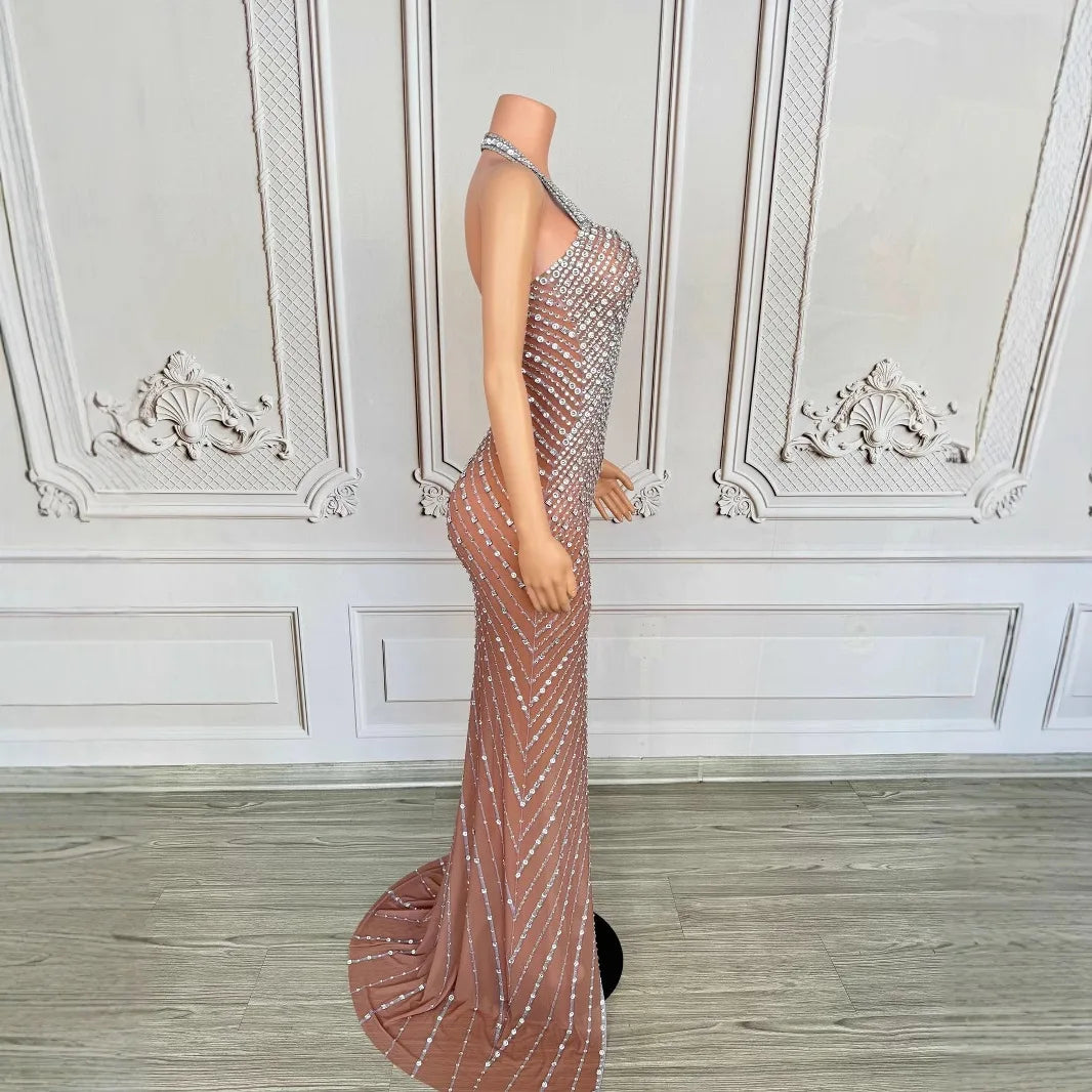 2025 Performance Clothes Female Group Rhinestone Waist Mesh Long Trailing Skirt Guest Model High-end Light Luxury Banquet Dress