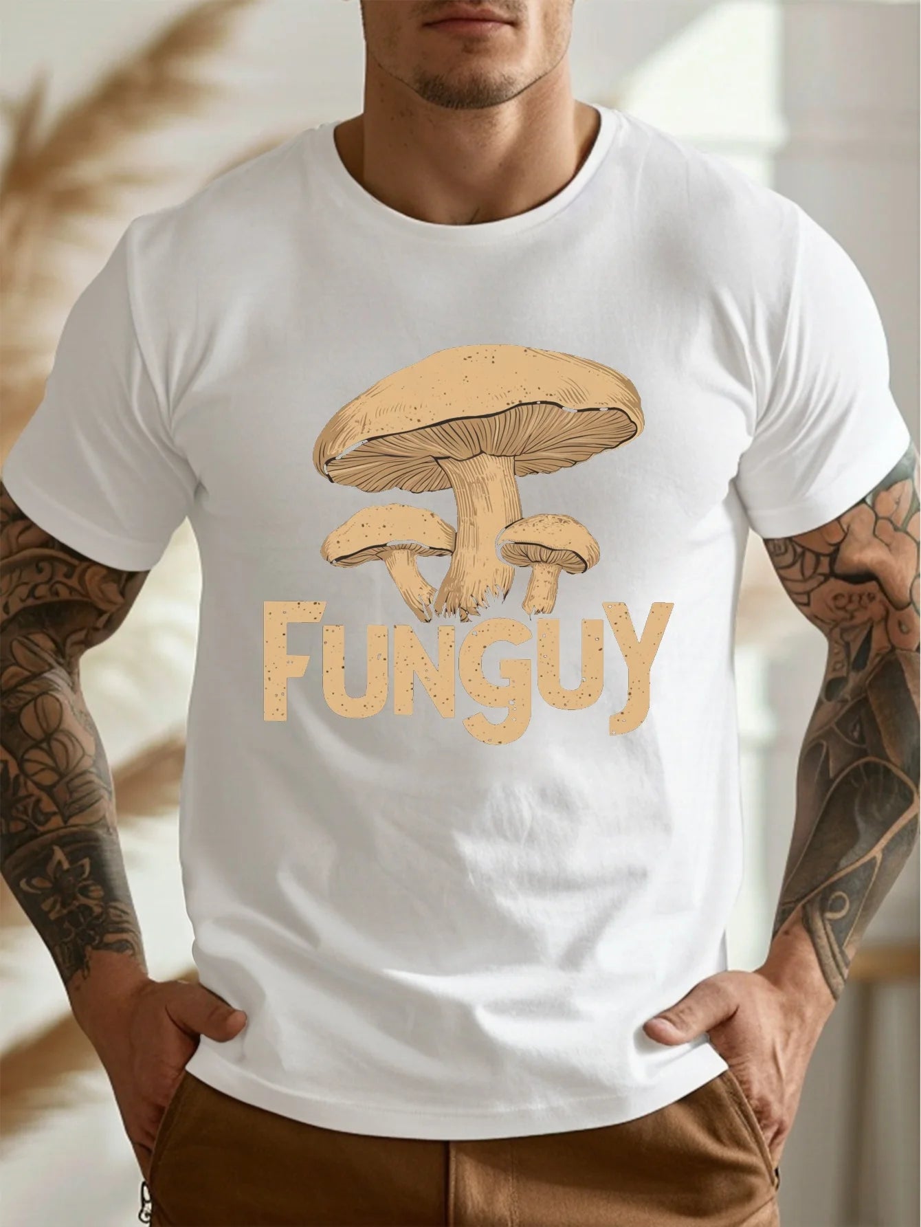 [Funguy Mushroom Print Tee] Summer Lightweight Men's Funguy Mushroom Print T-Shirt - Casual Crew Neck Short Sleeve Top