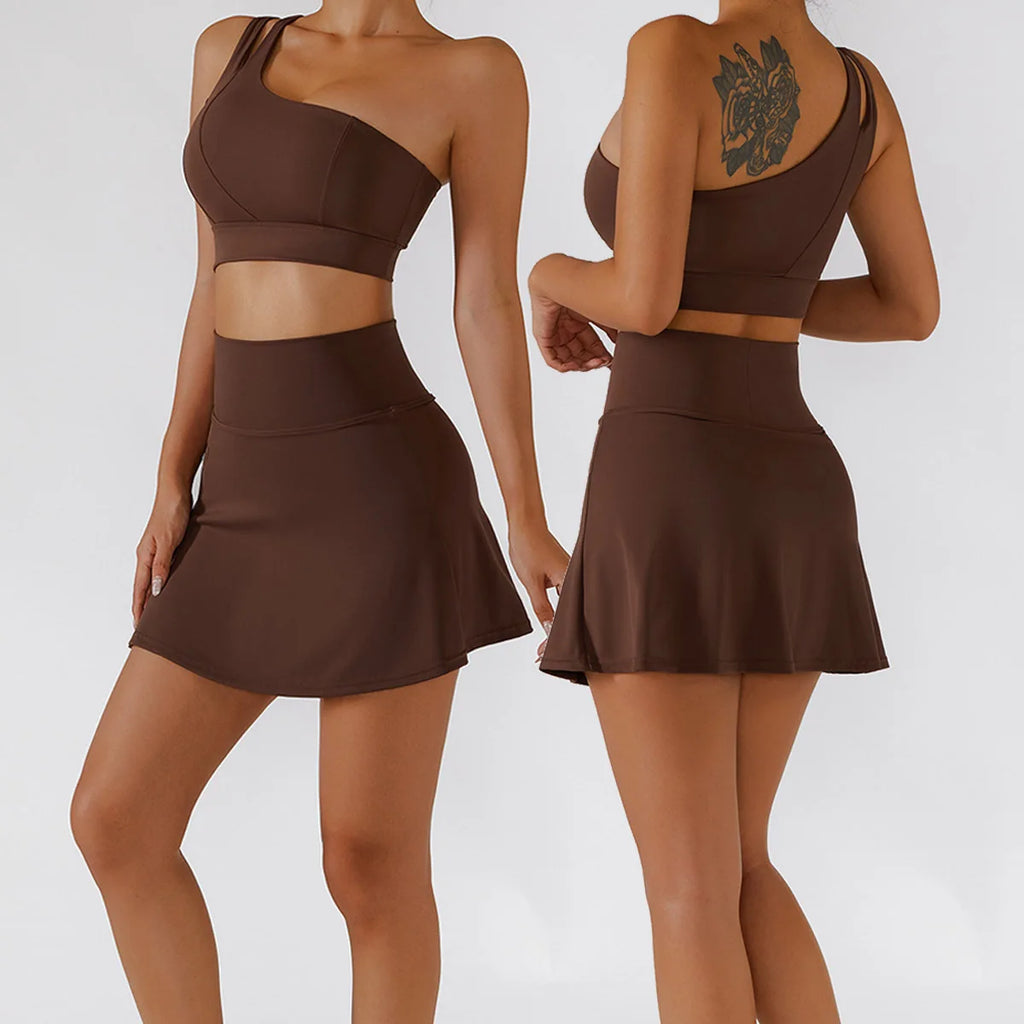 Yoga Skirt Set Women Workout Sport Gym Wear Suit High Wais Fitness Crop Top Female Tennis Sportswear One Shoulder Bra