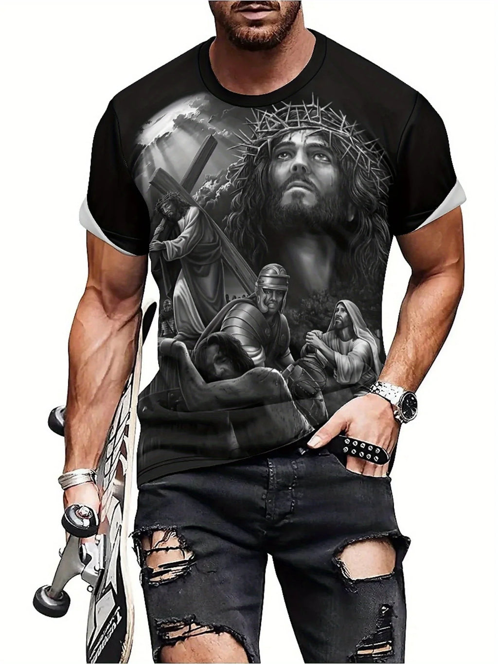 Men'S Plus Size Jesus 3D Print Short Sleeve T-Shirt - Soft Polyester Comfortable Round Neck Tee with Cross & Figures Design