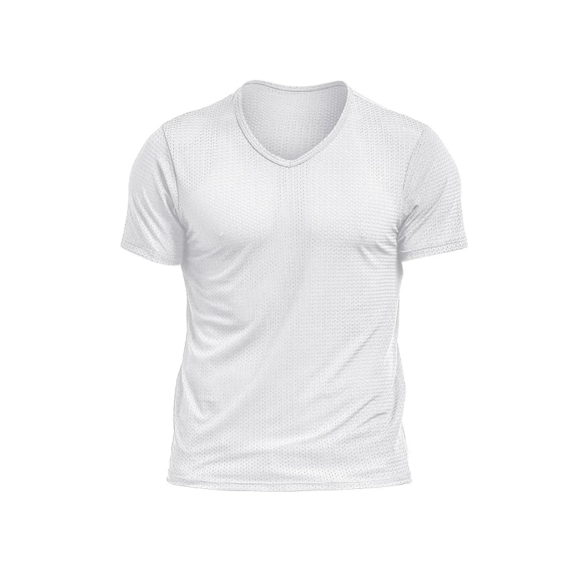 2PCSIce silk mesh T-shirt for men, breathable mesh with perforated fabric, sports and fitness, dry, loose V-neck, trendy m