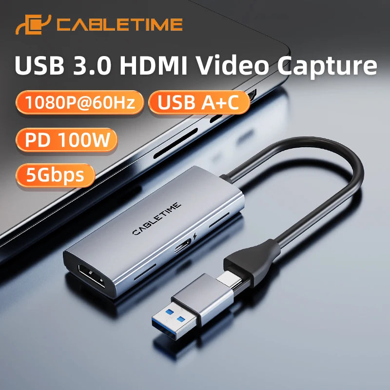 CABLETIME USB 3.0 HDMI Video Capture Card PD 100W 5Gbps USB A+C Aluminum 1080p Full HD for Meta Quest 3 PS5 Srteaming Switch 1/2