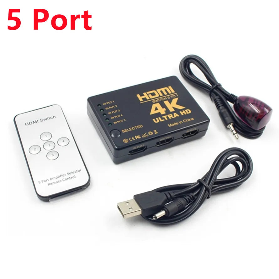 4K HDMI-Compatible Switch Switcher 5 Port HDMI-Compatible Switches With IR Remote Controller for Xbox PS4 DVD HDTV PC Laptop TV