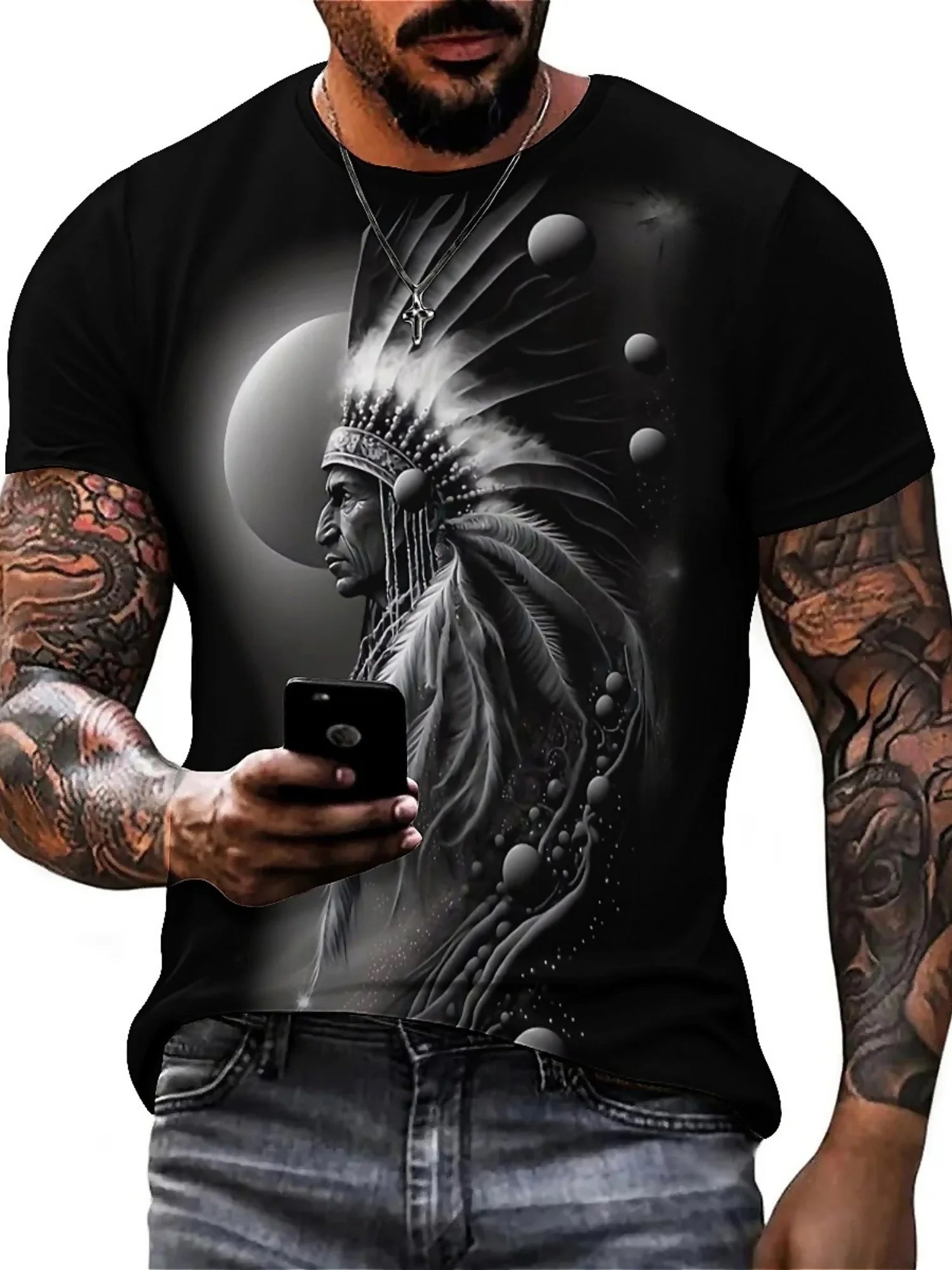Men's 3D Printed Tribal Chieftain Graphic T-Shirt - Gothic Retro Design, Breathable Polyester, Regular Fit Short Sleeve Tee
