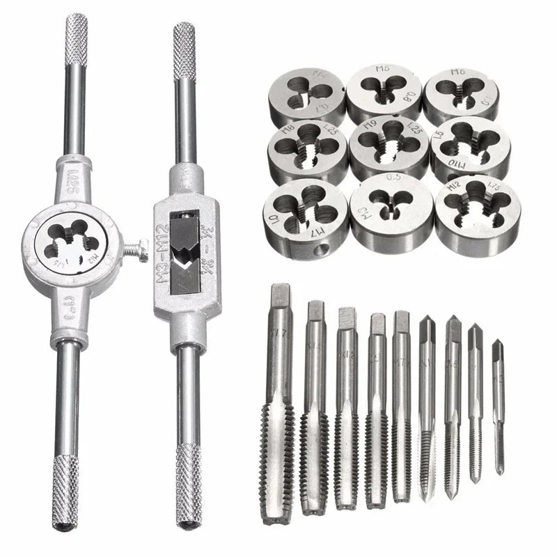 20Pcs Metric Hand Tap and Die Set Multifunction M3-M12 Screw Thread Plugs Straight Taper Reamer Tool Tapping and Thread Tools