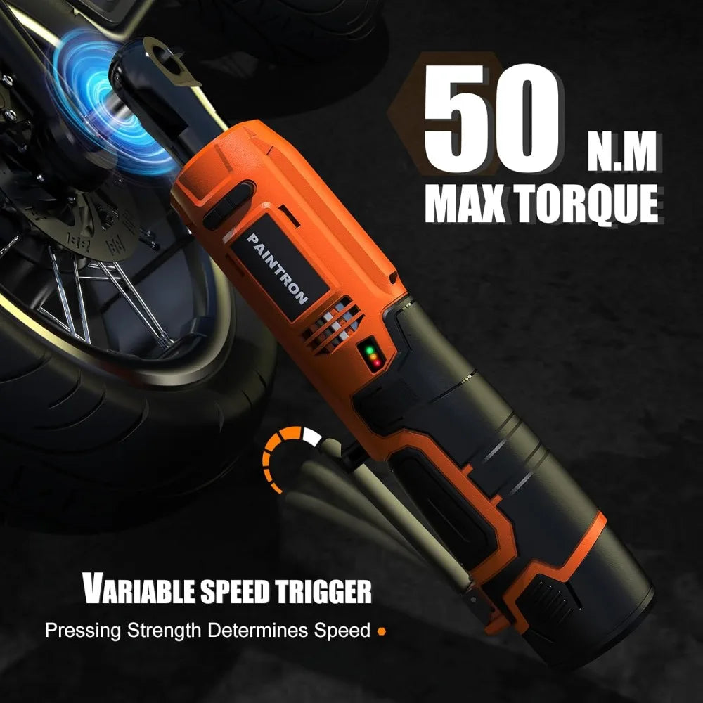 12V Cordless Ratchet Wrench Kit, 3/8 Drive, 50N.m Torque, Variable Speed, 2x 2000mAh Lithium-Ion Batteries, Ideal for Automotive