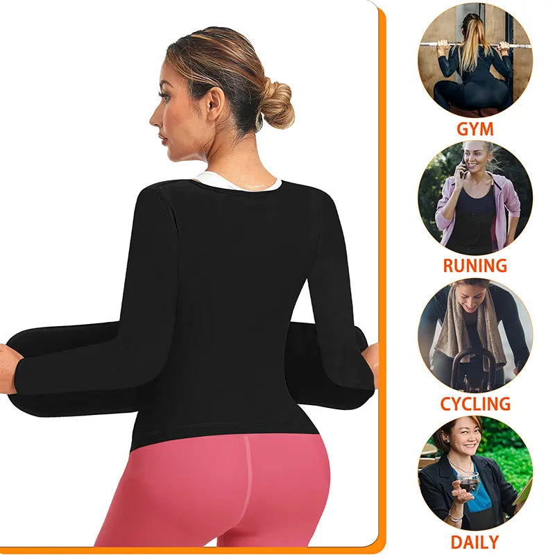 Sauna Shirt for Women Long Sleeve Top Sauna Waist Trainer for Women Weight Loss Sauna Suit Workout Sauna Vest Zipper Body Shaper