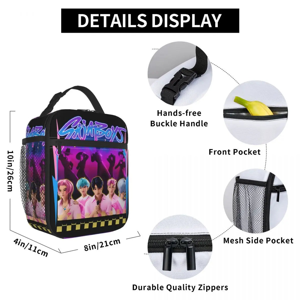 Kpop Demon Hunters Boys Team Retro Style 90s Insulated Lunch Bags Portable Meal Container Cooler Bag Tote Lunch Box Food Handbag