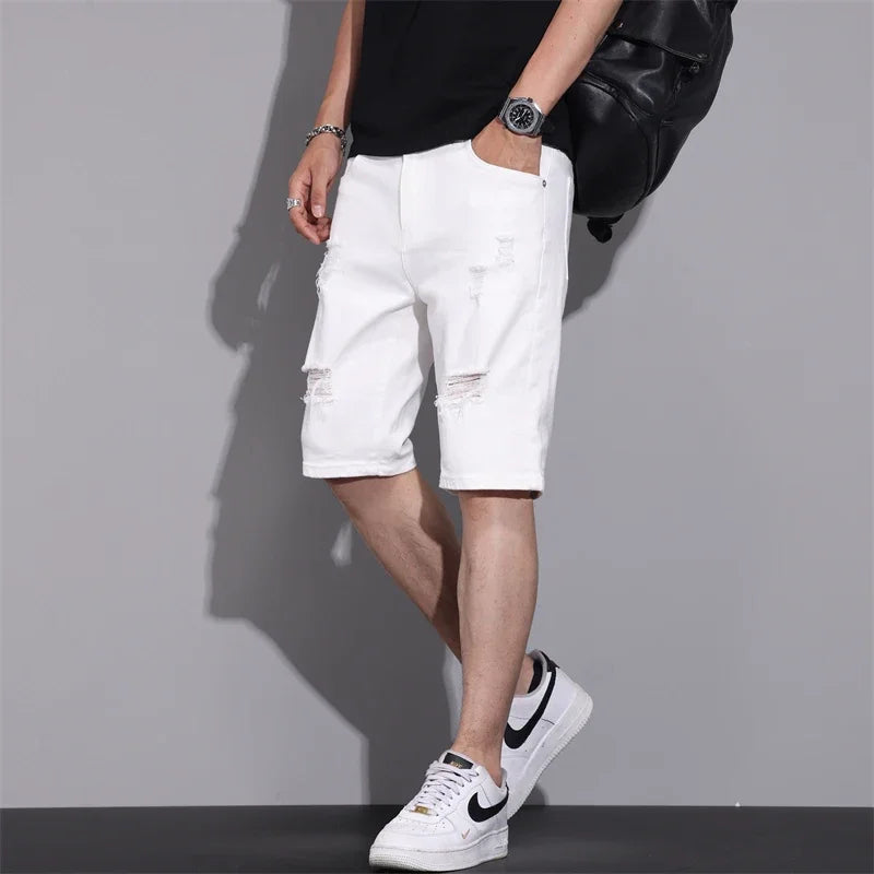 New Summer Men Casual White Denim Shorts White Fashion Ripped Straight Pants Stretch Slimsoft Male Knee Length Hole Short Jeans