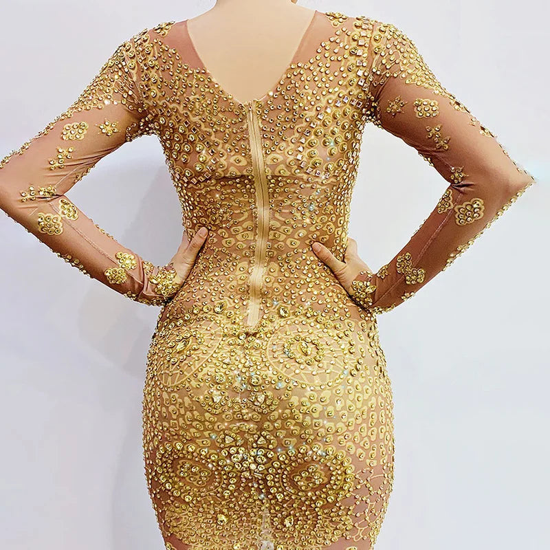 Gold Diamond Party Dress Translucent Women's Plus Size Formal Dress Gold Evening Dress Long Sleeves Vestido De Fiesta Graduación