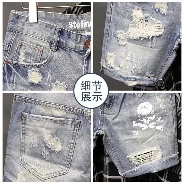 Summer Men's Worn Bead Hole Beggar Stretch Ripped Short Jeans Men Streetwear Korean Fashion Slim Fit Denim Shorts
