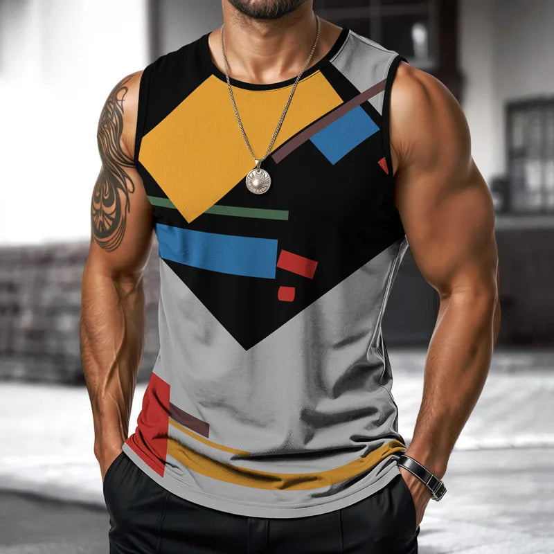Art Men Vest Street Fashion Round Neck Sleeveless Printed Tshirt Daily Outdoor Sports Fitness Running Top Contrast Colors 2025