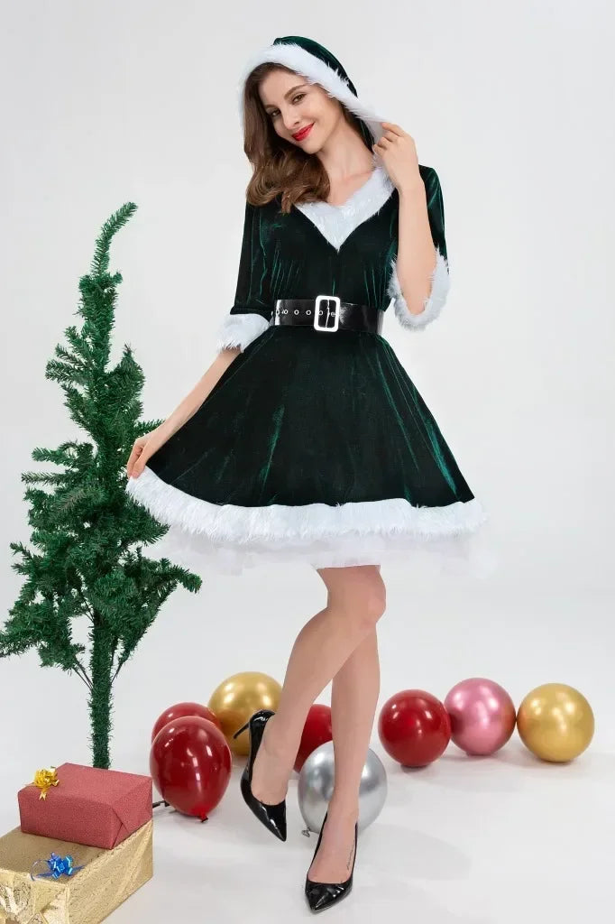 Formal Women Christmas Fancy Dress Xmas Party Fur Tulle Tutu Dress Female High Waist Belt Dress V-Neck Hooded Ball Gown
