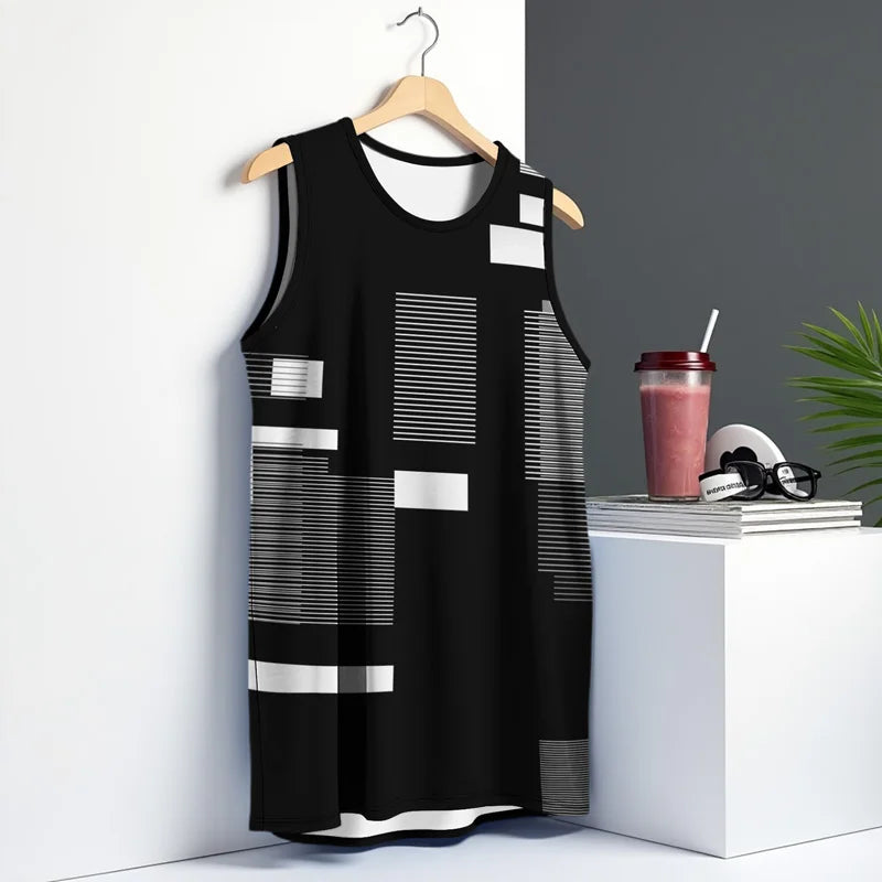 Art Men Vest Street Fashion Round Neck Sleeveless Printed Tshirt Daily Outdoor Sports Fitness Running Top Contrast Colors 2025