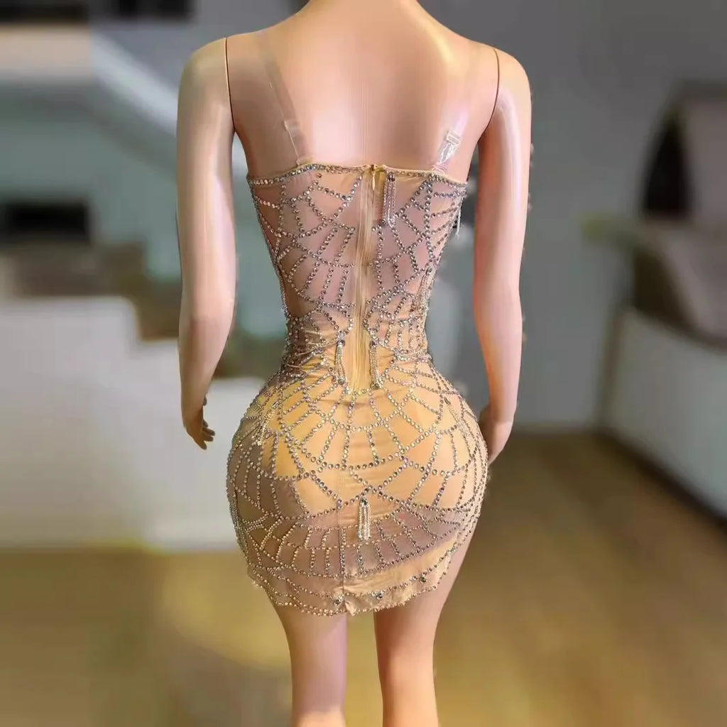 Sexy Mesh Tube Top Tight Backless Irregular Design Sense Mesh Rhinestone Shining Gift Vestidos Promoção Plus Sai-se Party Dress
