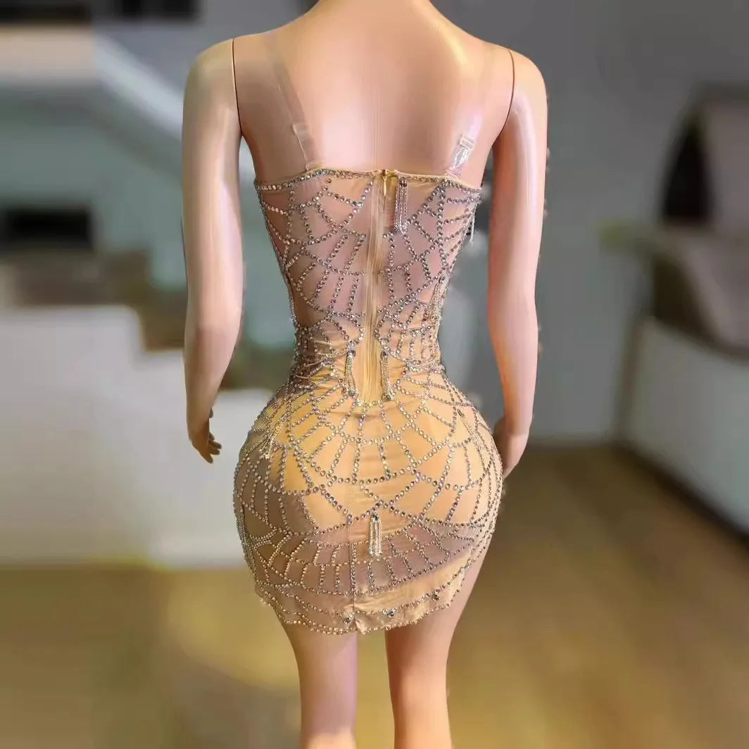 Sexy Mesh Tube Top Tight Backless Irregular Design Sense Mesh Rhinestone Shining Gift Vestidos Promoção Plus Sai-se Party Dress