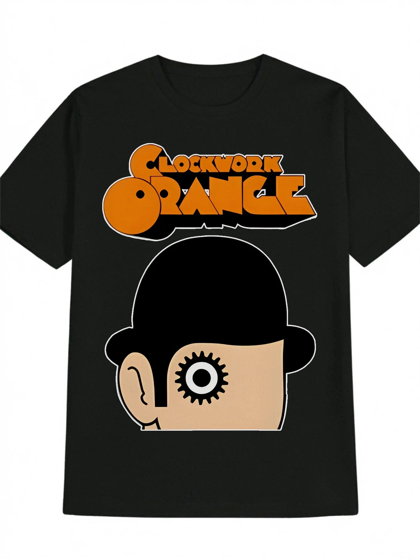 Men'S Casual Crew Neck T-Shirt - Clockwork Orange Graphic Print, Black Summer Tee with Orange & Orange Lettering