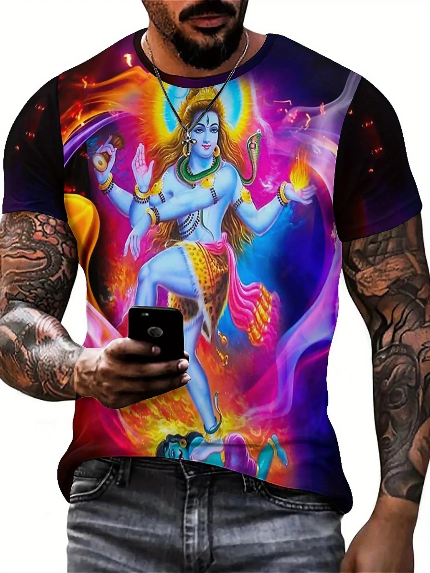 Men'S Vibrant Hindu Deity Graphic T-Shirt - Soft Polyester, Short Sleeve, Round Neck, Casual & Comfortable Fit
