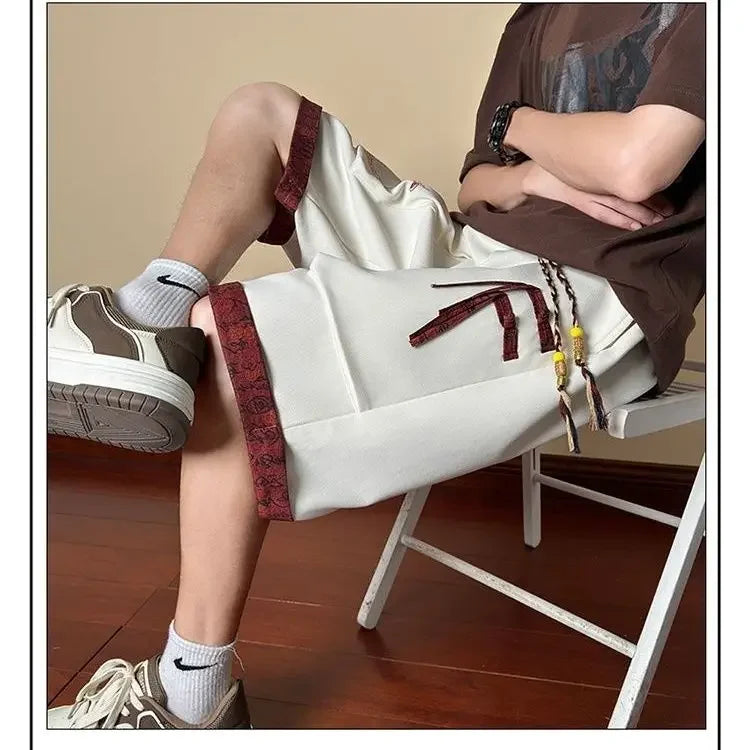 With Pockets Draw String Long Men's Cargo Shorts Button Elastic Waist Baggy Black Loose Bermuda Half Male Short Pants Wide Nylon