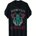 Women's Black Cotton Biker T-Shirt - Short Sleeve, Round Neck, Motorcycle & Roses Graphic Design, Perfect for Casual Attire
