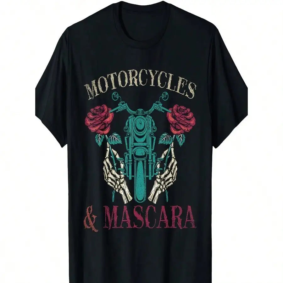 Women's Black Cotton Biker T-Shirt - Short Sleeve, Round Neck, Motorcycle & Roses Graphic Design, Perfect for Casual Attire