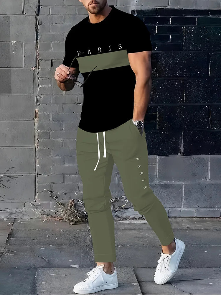 2025 Autumn Simple Striped 3D Printed Men's 2pcs Set, Daily Loose And Casual Men's Short-sleeved Shirt And Drawstring Long Pants