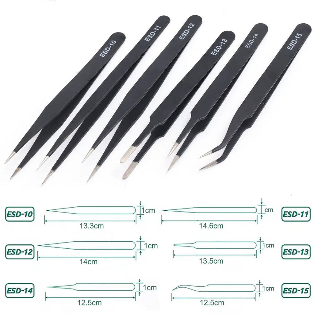 Precision Tweezers Set ESD Stainless Steel Anti-static Tweezers PCB Repair Tools for Electronics Repair Soldering Craft Tools