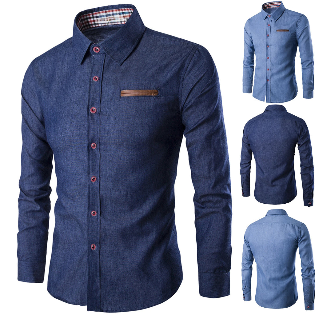 Mens Denim Shirts Long Sleeve Men Dress Shirt Fashion Slim Fit Style Navy Blue Jeans Male Shirt Longsleeve Shirt for Men