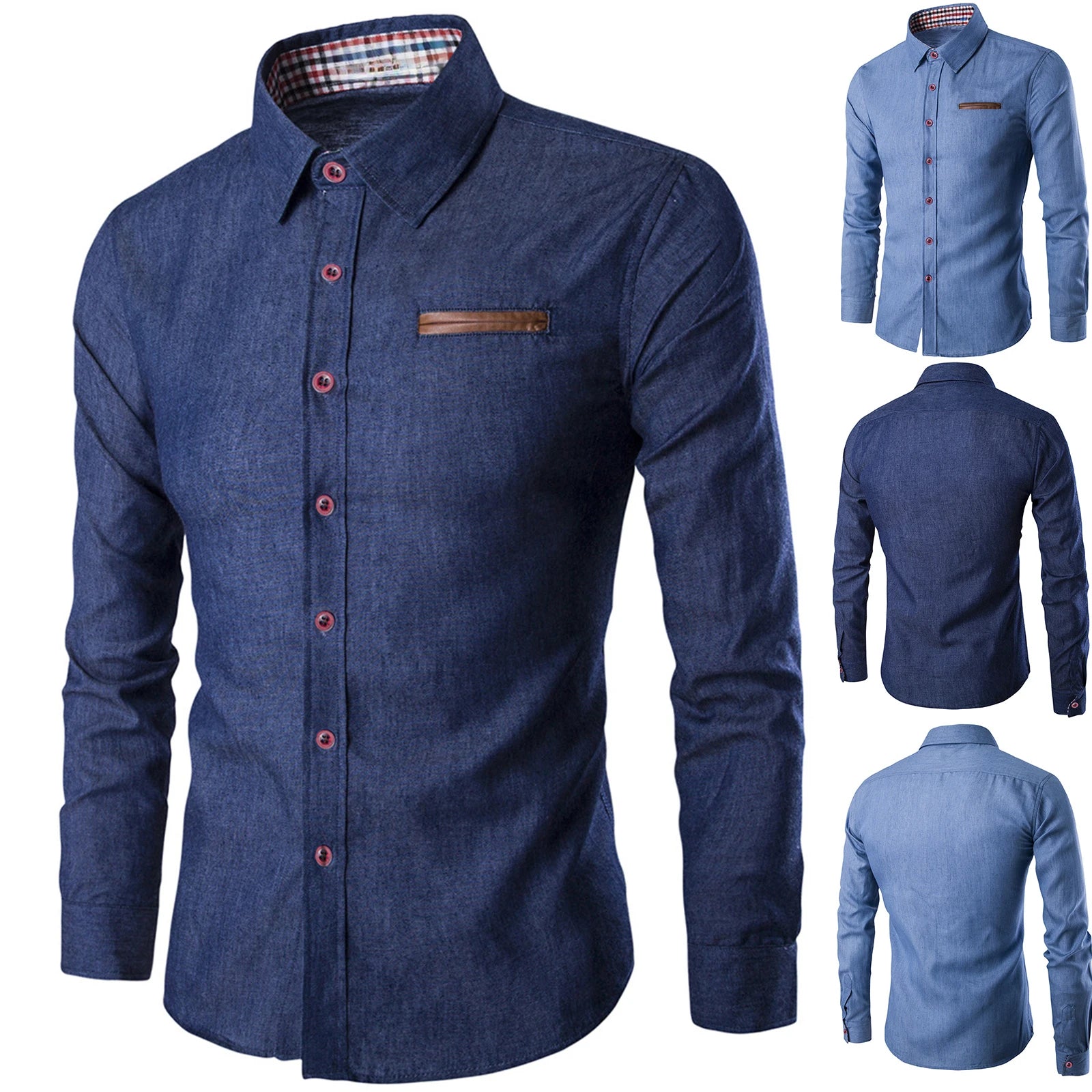 Mens Denim Shirts Long Sleeve Men Dress Shirt Fashion Slim Fit Style Navy Blue Jeans Male Shirt Longsleeve Shirt for Men