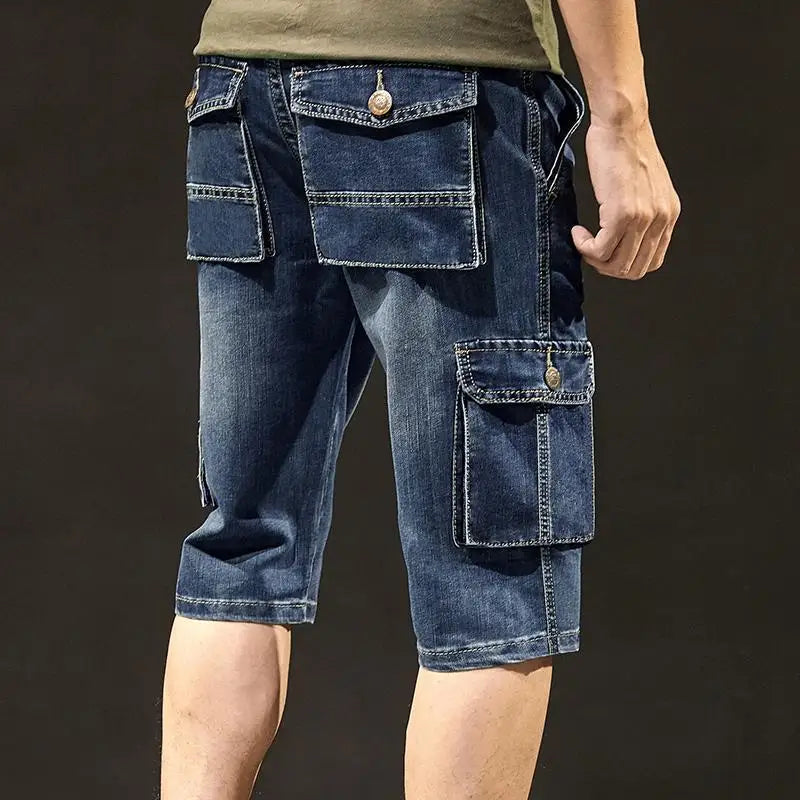 Men's Short Jeans Pants Blue Straight Cargo with Pockets Male Half Denim Shorts Cowboy Designer Stretchable Wih Zipper Stretch