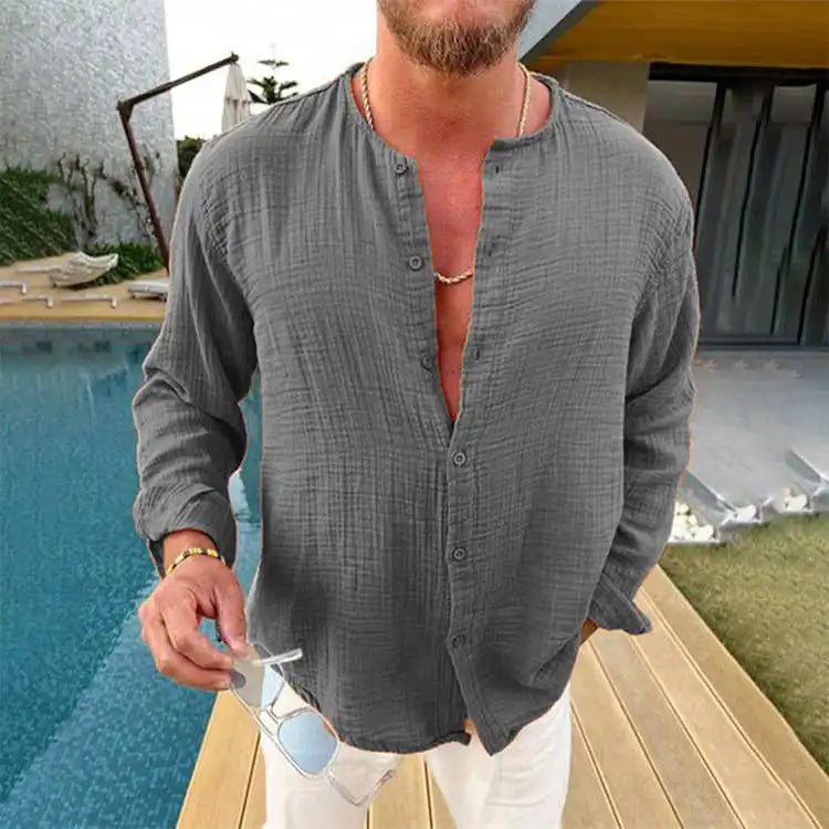 Wrinkled Loose Fit Long Swedi irt with Stand Collar Ice Sensation Cotton Youth Faion oulder Padded Autumn Wear for Men
