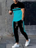 2025 Autumn Simple Striped 3D Printed Men's 2pcs Set, Daily Loose And Casual Men's Short-sleeved Shirt And Drawstring Long Pants
