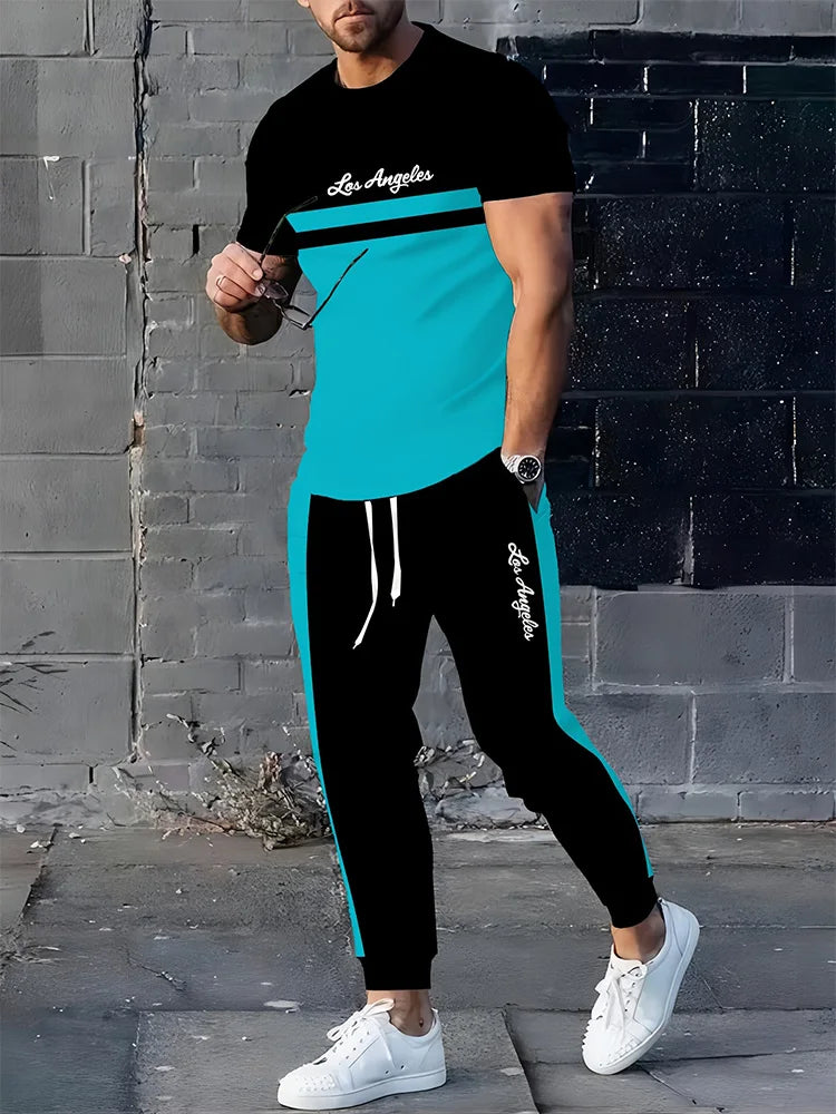 2025 Autumn Simple Striped 3D Printed Men's 2pcs Set, Daily Loose And Casual Men's Short-sleeved Shirt And Drawstring Long Pants