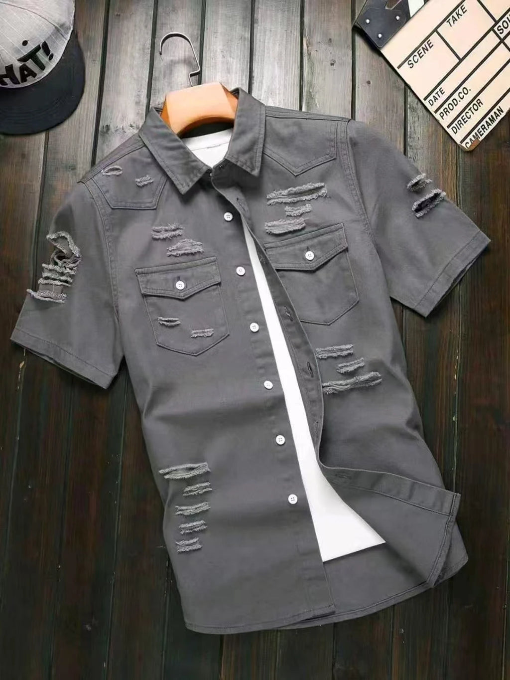 Men's Summer Dark Gray Ripped Short-Sleeve Denim Shirt, featuring a lapel collar and double pockets to retain the workwear style