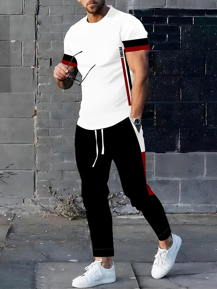 2025 Autumn Simple Striped 3D Printed Men's 2pcs Set, Daily Loose And Casual Men's Short-sleeved Shirt And Drawstring Long Pants