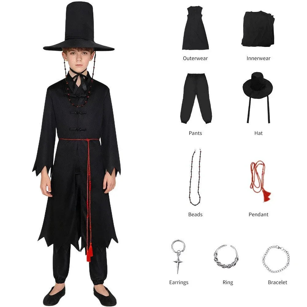 Kids Jinu Saja Cosplay Boys Costume Demon Hunter Children Hat Coat Pants Suit Halloween Group Party Clothing