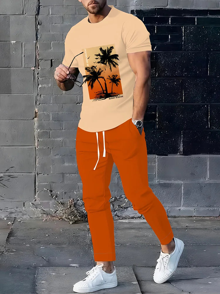 2025 Autumn Simple Striped 3D Printed Men's 2pcs Set, Daily Loose And Casual Men's Short-sleeved Shirt And Drawstring Long Pants