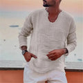 Men's Youth Linen Casual Loose V-neck Wash Water Worn Long-sleeved Shirt