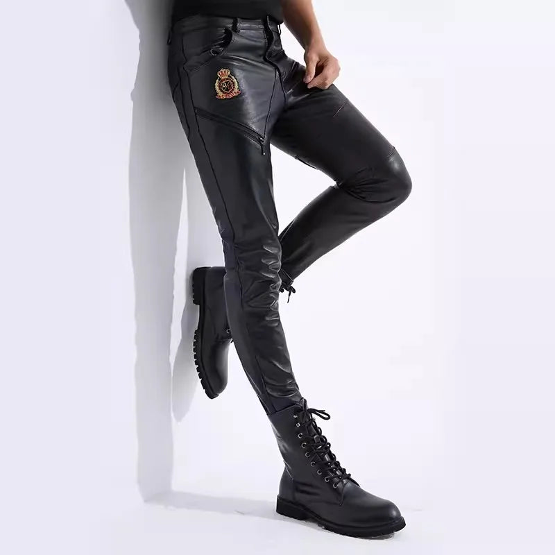 Genuine Sheepskin Leather Pants Windproof Warm Motorcycle Slim Fit Cool Autumn Winter Knight Pants
