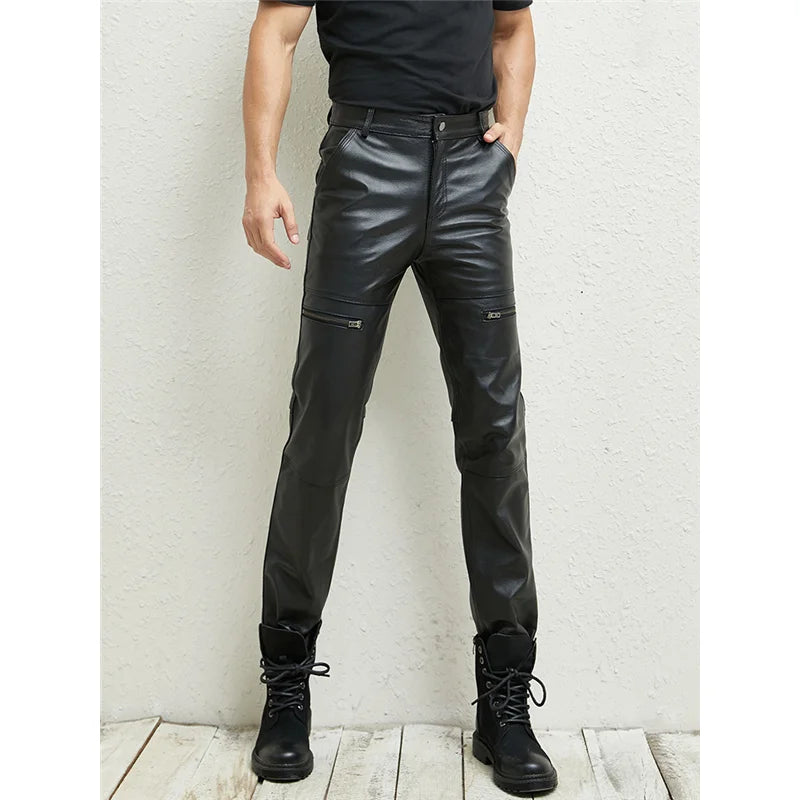 Men's Slim Straight Leather Pants Genuine Cowhide Personality Trousers for Spring And Autumn