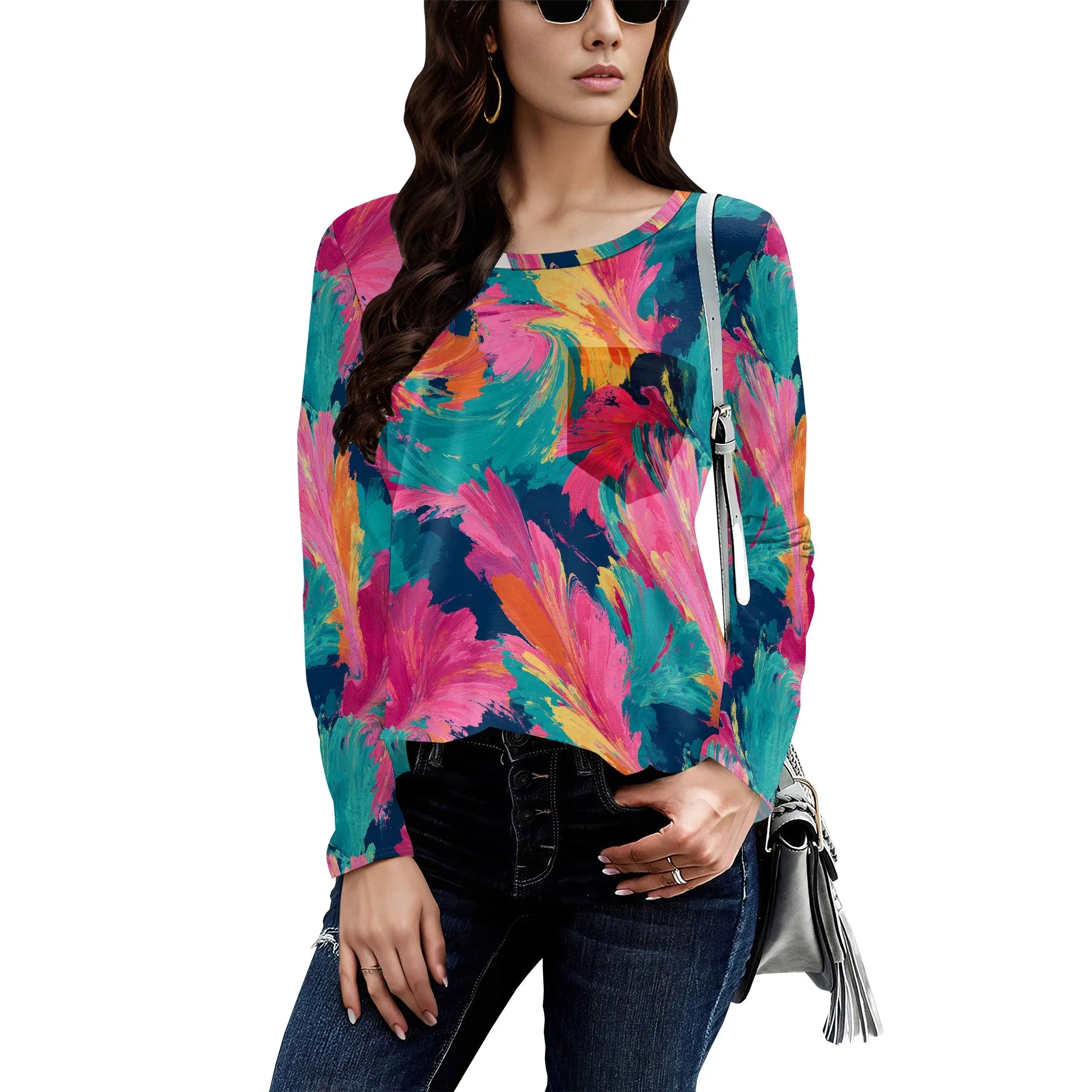 Long Sleeve Shirts for Women Spring Fashion 2025 Floral Crewneck Workout Cute Blouses Casual Loose Fit Tops