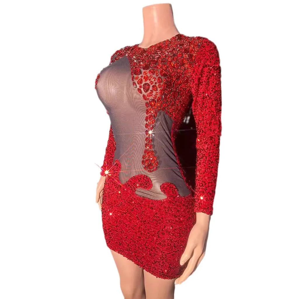 Red Rhinestone Perspective Fashion Sexy Party Dress Bar Nightclub Stage Performance Dress Elegant Party Red Bodycon Sexy Dresses