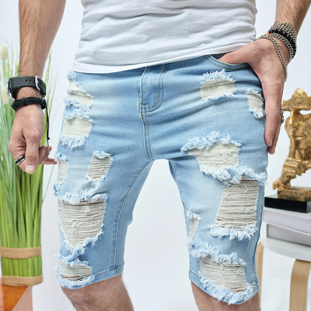 Summer Ripped Shorts Jeans Men's Hip-Hop Denim Pants Stretch Light Blue Fashion Slim Straight Male Denim Shorts