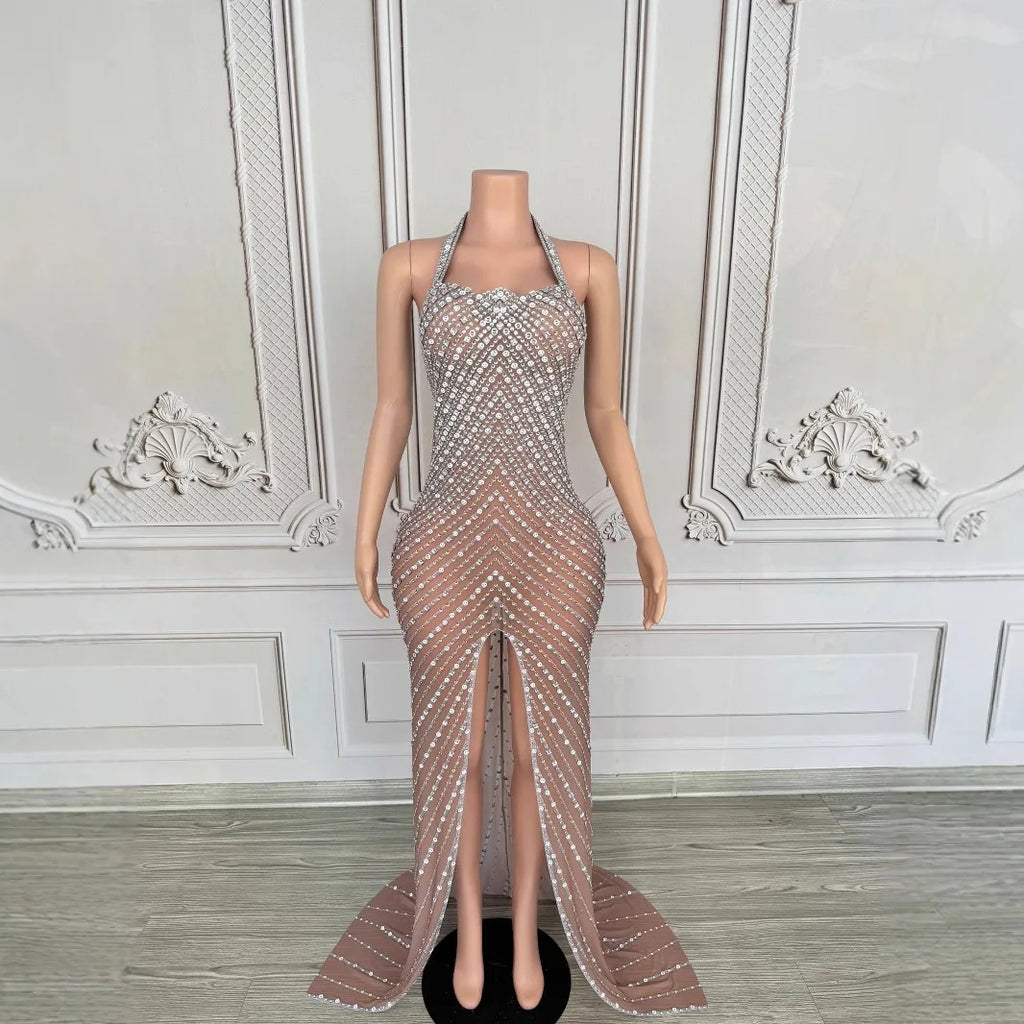 2025 Performance Clothes Female Group Rhinestone Waist Mesh Long Trailing Skirt Guest Model High-end Light Luxury Banquet Dress